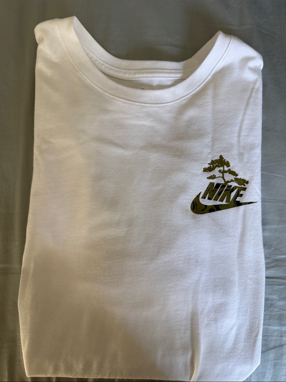 Nike White Tee with Olive Green Camo Swoosh and Tree Logo